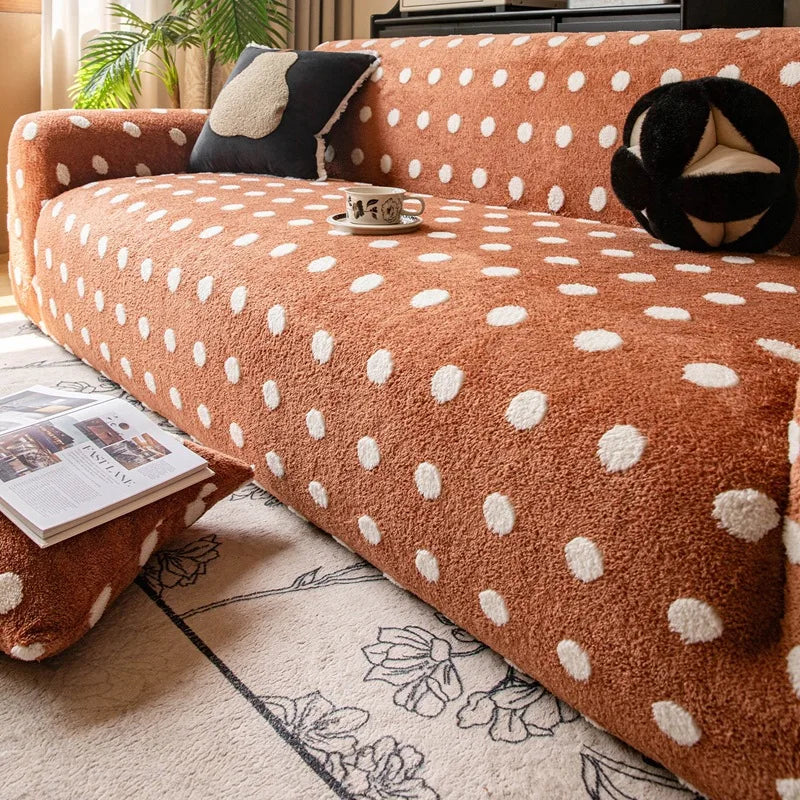 Autumn and Winter Polar Fleece Polka Dot Sofa Cover Stretch Plush Dustroof Couch Covers Easy-Care Furniture Protection Slipcover