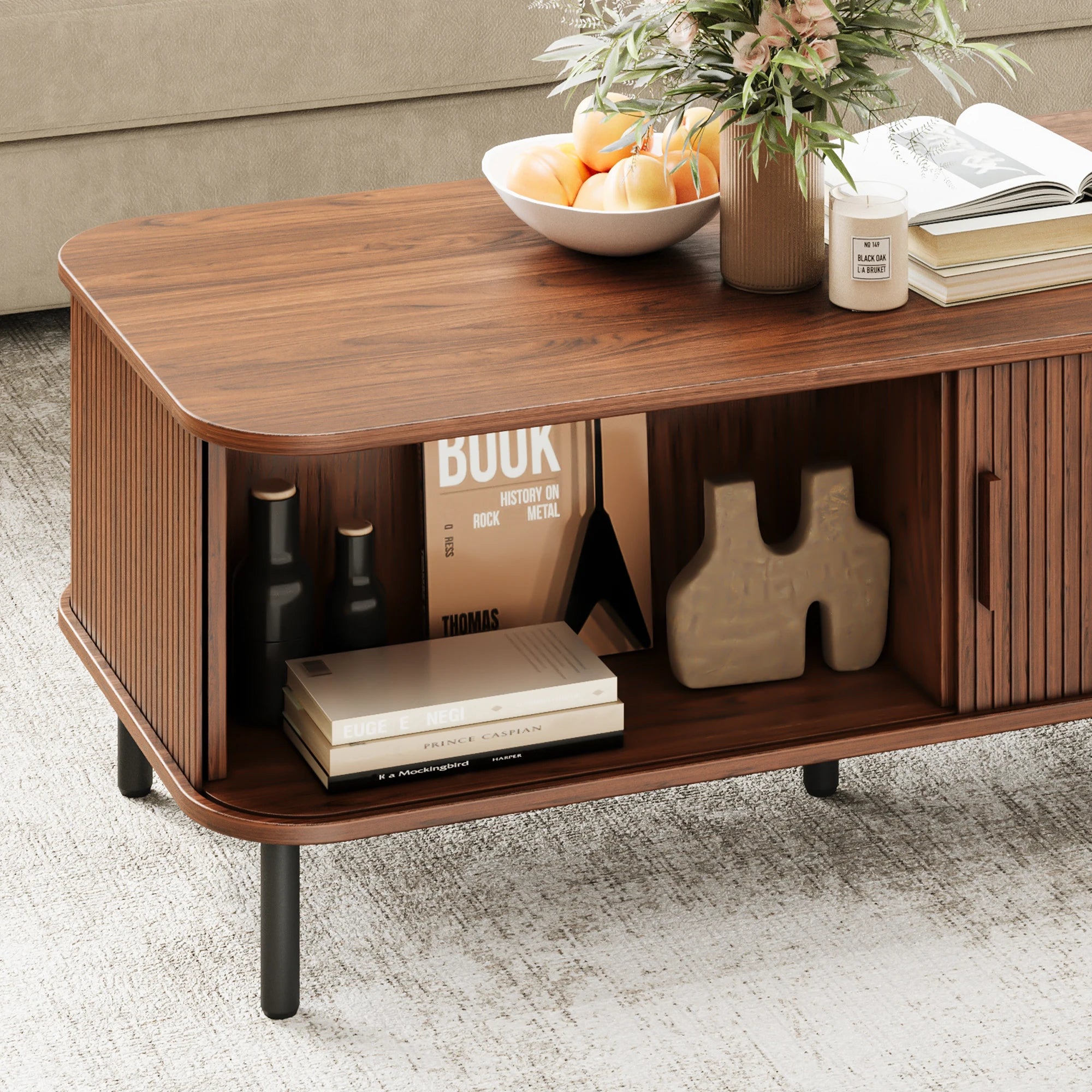 Mid-Century Modern Sliding Tambour Door Coffee Table with Storage – 47.2" Rectangular Wood Center Table